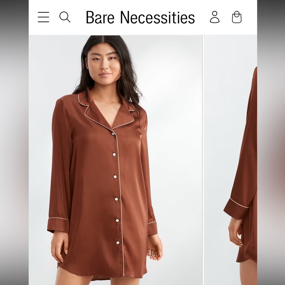 Bare Necessities Brown Satin Sleep Shirt with Contrast Piping